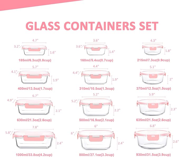 KOMUEE 24 Pieces Glass Food Storage Containers Set, Meal Prep Containers, BPA-Free Airtight Glass Storage Containers with lids,Freezer, Microwave and Oven Safe,Pink