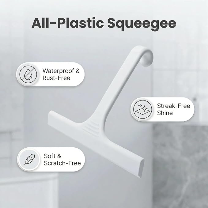 Silicone Shower Squeegee - All-in-One Design with Built-in Hook, 10 Inch Streak-Free Bathroom and car Cleaner for Glass Doors, Mirrors, Windows, Tiles White