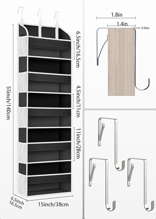 TAHAVICE 2 Pack Over the Door Storage Organizer, 5 Large & 10 Mesh Pockets | Hanging Storage Organizer with 40lb Capacity and Door Storage Space Saving for Bedroom,Bathroom,Nursery,Babyroom(Black)
