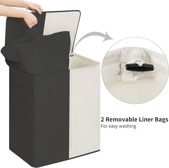 WOWLIVE Double Laundry Hamper with Lid, 154L Large Laundry Basket Organizer | Collapsible Dirty Clothes Hamper 2 Section, with Removable Laundry Bags for Laundry Room, College Dorm, Black and Beige