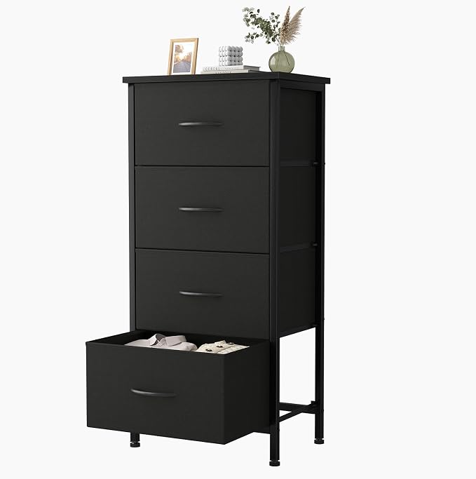 Sweetcrispy Dresser for Bedroom, 4 Drawer Storage Cabinet, Tall Nightstand | Small Fabric Black Dresser for Closet, Chest of Drawers, Closet Organizer, Home Furniture, Sturdy Frame