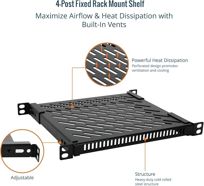 Tecmojo 0.5U Rack Shelf for 10" Server Rack & Cabinet, Adjustable 7.87-10.24" Depth, Vented Metal Tray, Heavy Duty Support up to 66 lbs, Enhanced Ventilation, Black