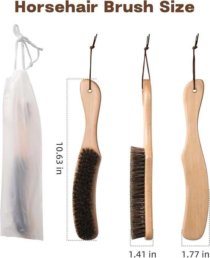 Cowboy Hat Brush Horsehair Cleaning Brush for Felt Hats Wool Suede Clothes | 100% Horsehair, Removes Dust, Lint, Pet Hair for Coats Suits Shoes Furniture Brim Edges Seams, with Wood Handle, Storage Bag