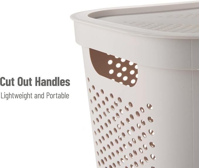 Mind Reader Slim Laundry Hamper with Lid, 60L Clothes Basket, Ventilated Plastic, Ivory