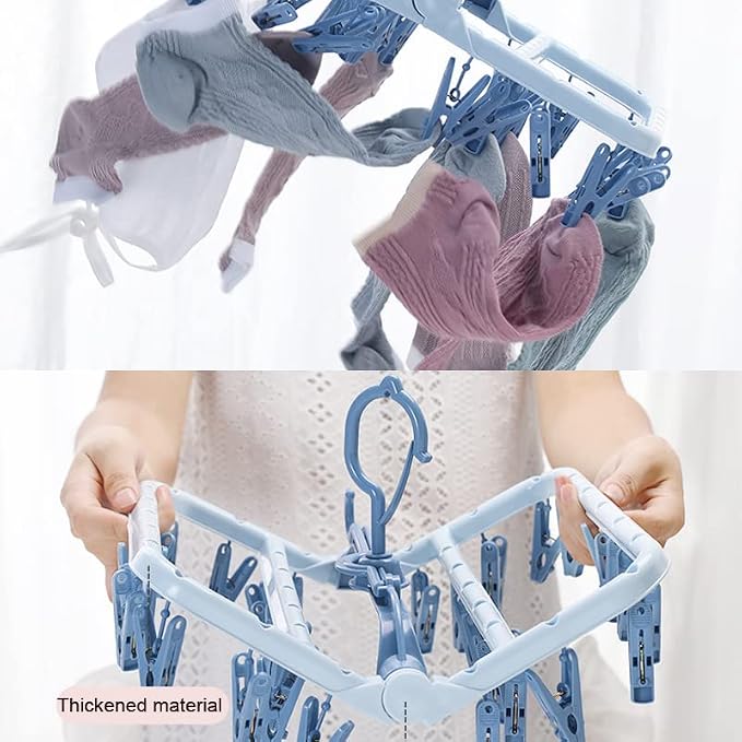 Foshine Clothes Drying Racks Foldable Clip Hangers Plastic with 32 Clips | Clip Hangers Wind-Proof Hook Underwear Hanger For Socks Bras Blue