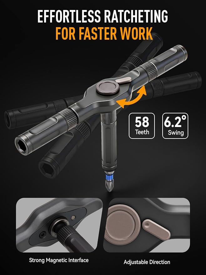DISEN 68PC Ratcheting Screwdriver Set T-Handle 42 Bits S2 Steel | 58-Tooth ratchet | Magnetic pickup & pad | T-handle grip |For laptop, PC, game console, furniture, bike| Storage case