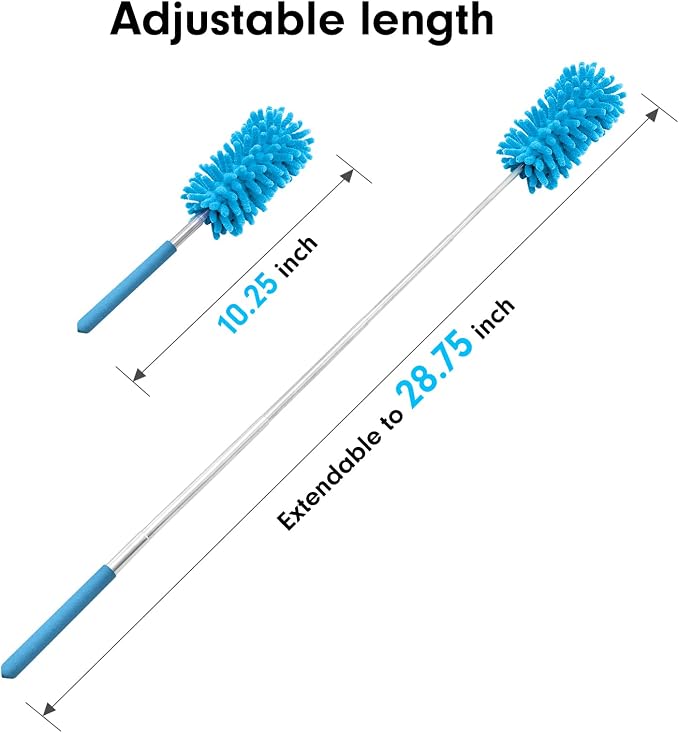 Duster for Cleaning, 10-29" Extension Pole, 2 Washable Heads, Blue | Microfiber Heads, Wet Or Dry, Detachable, Hand Washable, Easy Storage, For Cars, Offices, Windows, Furniture And Ceiling Fan
