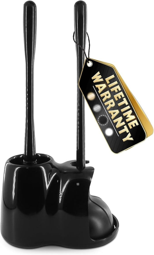 2-in-1 Black Toilet Brush and Plunger Set with Holder – Compact Bathroom Cleaning Combo, Strong Rubber Plunger & Stiff Bristle Brush, Space-Saving Stand, Fits Most Standard Toilets, 6.4×5.5×17.1 inch