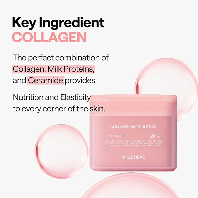 MEDIHEAL Toner Pads - Collagen Ampoule Toner Pad (100 count) with Ceramide - Skin Firming, Restore Elasticity, Deep Hydration - Tighten Wrinkles & Lines - Vegan Moisturizing Fabric, Korean Skin Care | with 98% Collagen for Aging & Sagging Skin | Nouris...