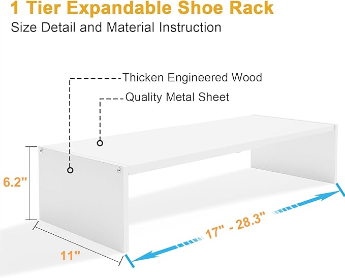Cidaziya 2 Pack Expandable 1 Tier Shoe Rack for Shoe Cabinet, 1 Tier Stackable White Shoe Shelf Organizer for Closet, Sturdy Metal and Wood Structure, Hold 12-16 Pairs of Shoes