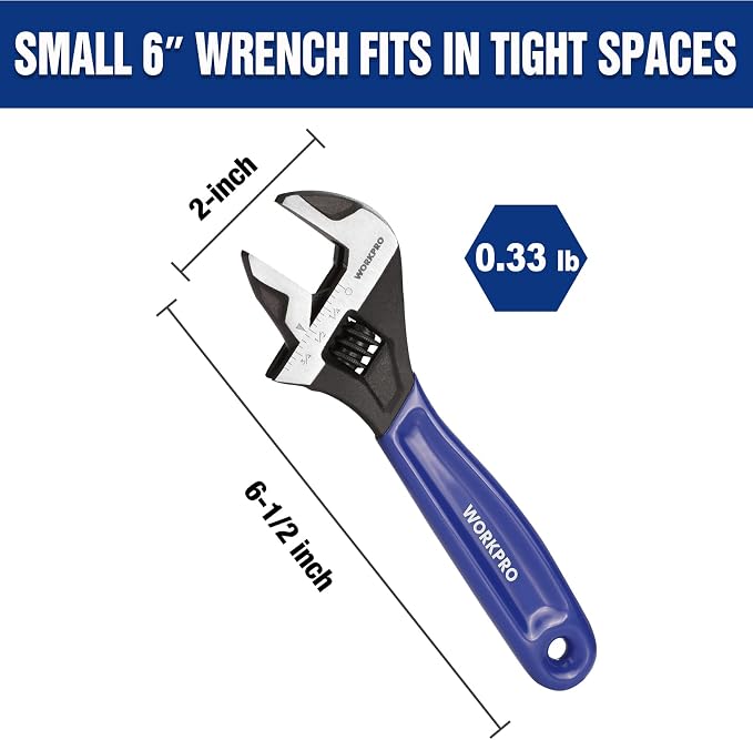 WORKPRO 6-Inch Compact Adjustable Wrench, Wide Jaw Cr-V steel Wrench | Black Oxide Finish, Metric & SAE Scales, Fits M6–M16 bolts for Home Repairs, Garage, DIY and Light Workshop Use.
