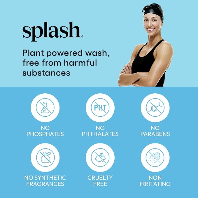 Splash Swimwear Natural Liquid Laundry Detergent, Wetsuit Cleaner - 9.5 oz | Chlorine-Neutralizing Swimsuit Wash Removes Chlorine, Salt & Sunscreen Buildup, with Gentle Plant-Based Care for Swimwear