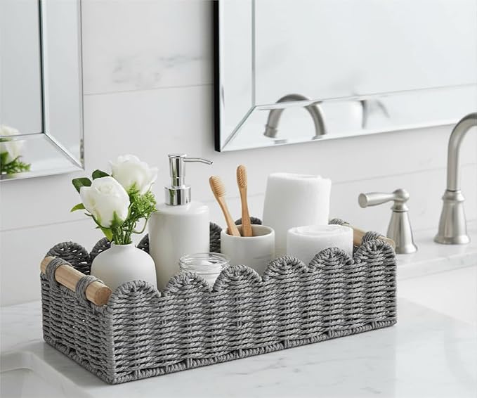 CubesLand Bathroom Basket Organizer, Toilet Tank Paper Storage Baskets 2PK | Scalloped Decorative Basket for Countertop w/Handle, Wicker Basket for Bathroom Decor, Home Decor, Living Room, Grey
