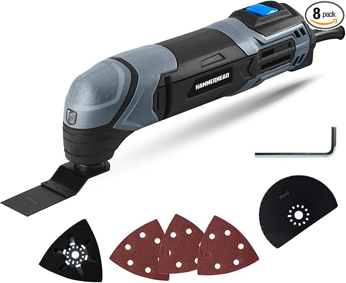 Hammerhead 2.2-Amp Oscillating Multi-Tool with 1pc Flush Cut Blade,1pc Semicircle Saw Blade,1pc-Sanding pad,3pcs Sanding Paper - HAMT022,(Pack of 8)