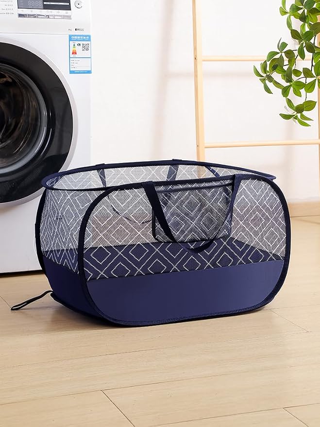 100L Extra Large Mesh Pop Up Laundry Hamper 2 Pack with Pocket and bag, Horizontal Blue