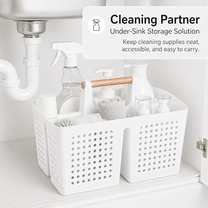 Portable Shower Caddy Basket with Wood Handle, 3-Compartment Bathroom Organizer Tote with Drain Holes, Plastic Shower Basket for Dorm, Toiletries, Cleaning Supplies, White
