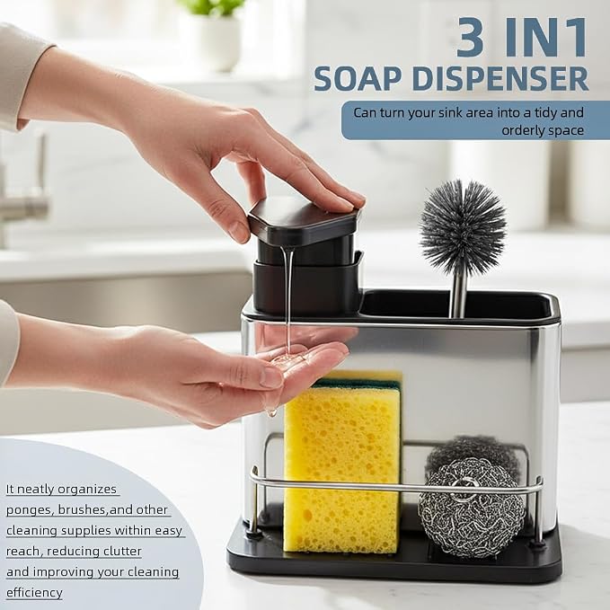 Dish Soap Dispenser, 3-in-1 Sponge Holder, Organizer Dish Soap Dispenser,Sink Caddy,Stainless Steel Dishs Brush Scrubber with Sponge Holder(Color:Black)