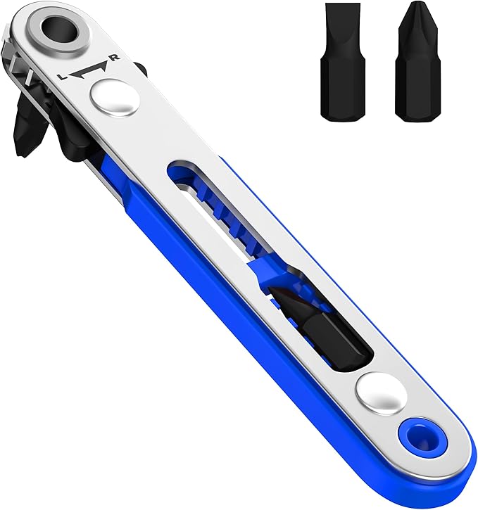 Bates- Mini Ratchet Wrench, 1/4" Magnetic 90 Degree Screwdriver, Blue, Low Profile Right Angle Screwdriver for Tight Spaces