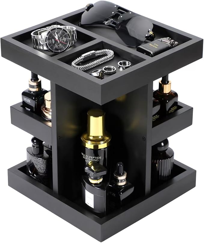 EXIN DECHEN Cologne Organizer for Men,Birthday Gifts for Men,Wooden Black | Easy Installation,360° Rotating,Boyfriend Husband Dad Gift Ideas,Mens Accessories for Desk,Bathroom Countertop,Vanity,Dresser