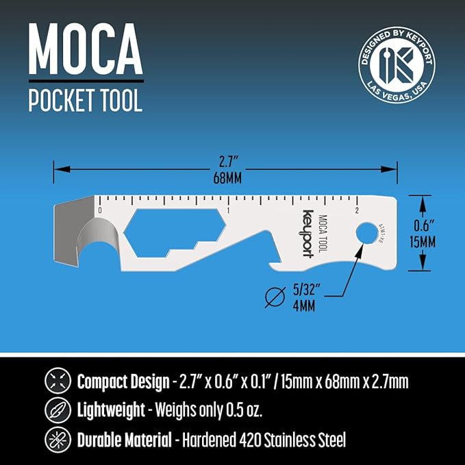 Keyport MOCA 10-in-1 Keychain Multitool - Flat EDC Key Tool - Silver | Fits Key Chains, Select Key Organizers | 420 Stainless | Internal Blade, Travel-Friendly | Box Opener, Pry Bar, Bottle Opener