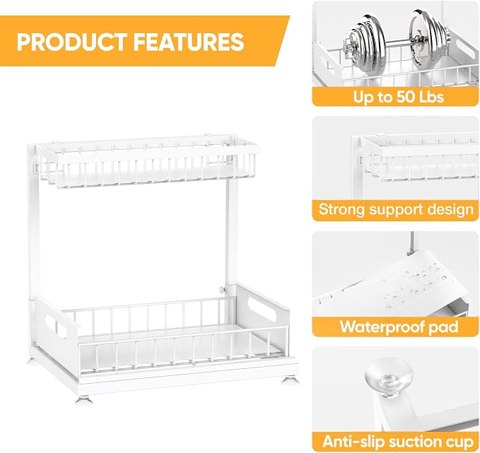 Saydear 2-Pack L-Shaped Under Sink Organizer, 2-Tier Pull-Out Cabinet Rack | White Height-Adjustable Steel Rack, Sliding Grid Drawers with PP Liners, Holds 100 Lbs, Suction Base, Ideal Kitchen Storage