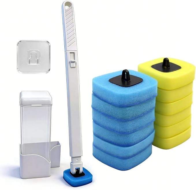 Disposable Toilet Bowl Brush with 12 Refills, Plastic Handle, Blue and Yellow, Dual-Color Sponge Heads, Toilet Cleaning Starter Kit (Plastic Handle with 12 Refills)