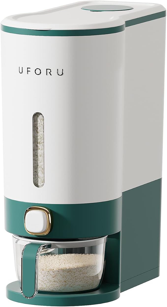 UFORU Rice Dispenser, Rice Storage Container with Measuring Cup for Kitchen Pantry Household, Cereal Dry Food Storage Containers Airtight, Sealed Moisture Proof (Green 23-25 Lbs)
