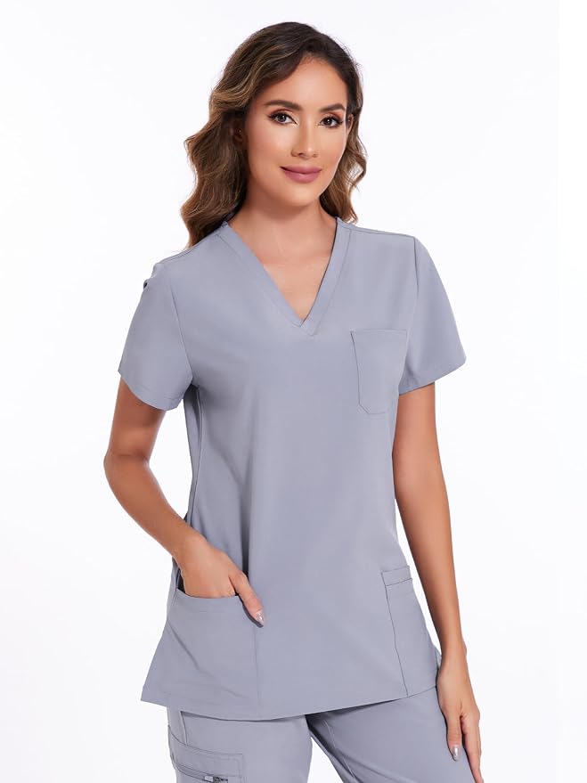 Scrubs Tops for Woman - Soft Stretch, V-Neck Tops | 3 Pockets, Side Split Design, Short Sleeve, Breathable & Lightweight Nursing Shirt, Easy-Care Fabric for All-Day Comfort