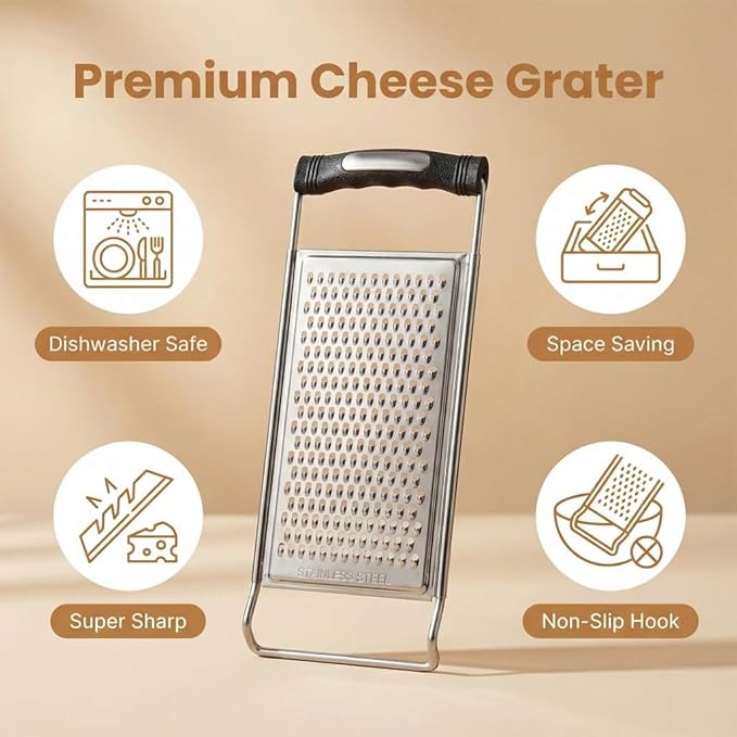 NACOLUS Stainless Steel Fine Cheese Grater & Zester with Ergonomic Handle - Dual Side for Fine Shredding and Zesting - Perfect for Hard Cheese, Citrus, Ginger, Garlic, Dishwasher Safe