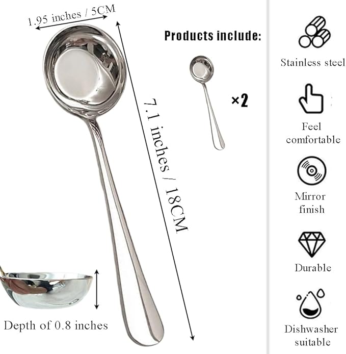 Ouliget Gravy Ladle Spoon,Deep Bottom Korean Style Sugar Spoons,Heavy Duty Stainless Steel Spoon for Spooning Sauces or Serving Soup,7.1 Inch, Set of 2