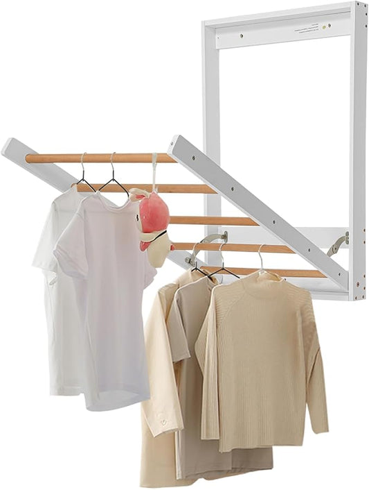 Wall Mounted Clothes Drying Rack, Folding Laundry Drying Rack with 5 Wooden Rods, 11LBS Capacity Retractable Clothes Airer for Bathroom Laundry Room Balcony