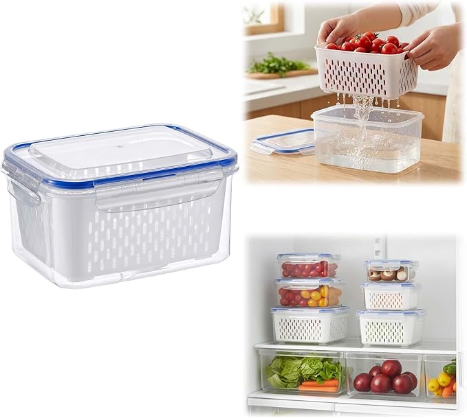 Fruit Storage Containers for Fridge with Removable Colander, Airtight Produce Storage Containers with Lids, Fridge Organizers and Storage for Berry, Fruit, Vegetables, Salad & Meal Prep (Blue, M)