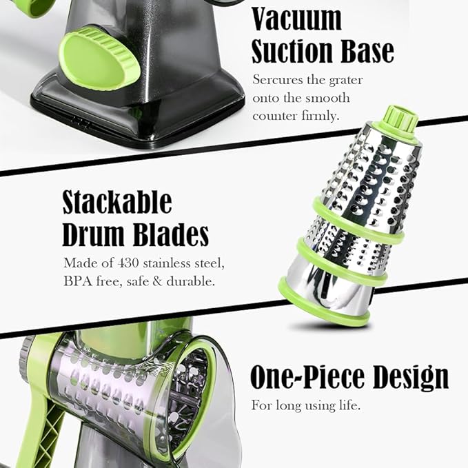 Cheese Grater Hand Crank Rotary Vegetables Shredder with Handle | 3-in-1 Graters, Interchangeable Blades, Non-slip Base, Multifunctional Slicer