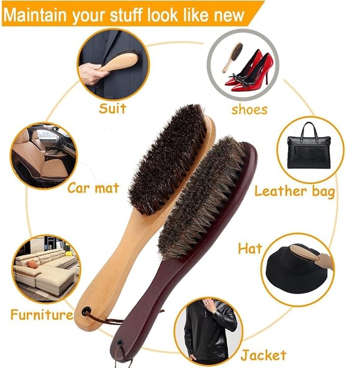 Clothes Brush Garment Brush Lint Remover Brush with Genuine Soft Horsehair and Wooden Handle for Coat Men Suits Shoes Jacket Furniture Car Mat and Pet Hair 1-Pack, Suit Brush