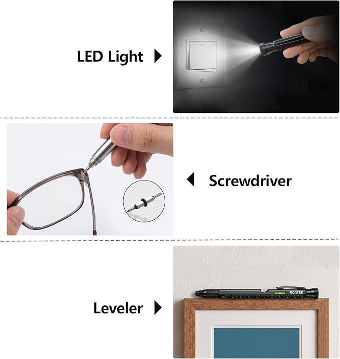 ROATEE Fathers Day Men Multi Tool Pen 12 in 1 Cool Stuff Gadgets Gift for Husband Dad Birthday Personalized Gifts Fidget Construction Pen with Small Screwdriver, Level, Ruler,Led Light, Black