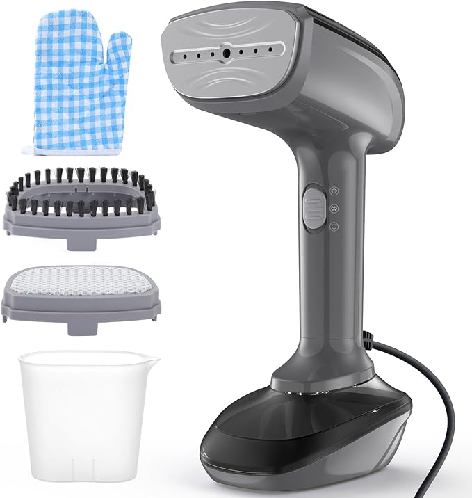 Powerful Handheld Fabric Steamer - 1800W with Fast Ceramic Heat-Up Plate, 2-in-1 Ironing & Wrinkle Remover, Steam Nozzle, Lint Brush - Gray, for US 120V Only