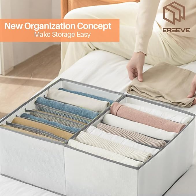 EASEVE 2 Pack Wardrobe Closet Organizer and Storage for Clothes - 7 Grids Foldable Drawer Dividers Organizers for Jeans | Pants | Shirts | Leggings, Stackable Clothing Bins for Closets Organization