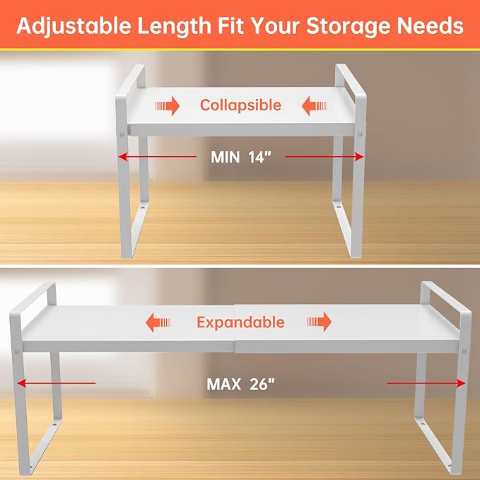 Expandable Cabinet Shelf Organizer for Kitchen 11", White (2 Pack) | Expandable 14-25" Metal Countertop Organizer for Kitchen, , Fits Pantry, Over Sink, Spices, Microwave & Dishes