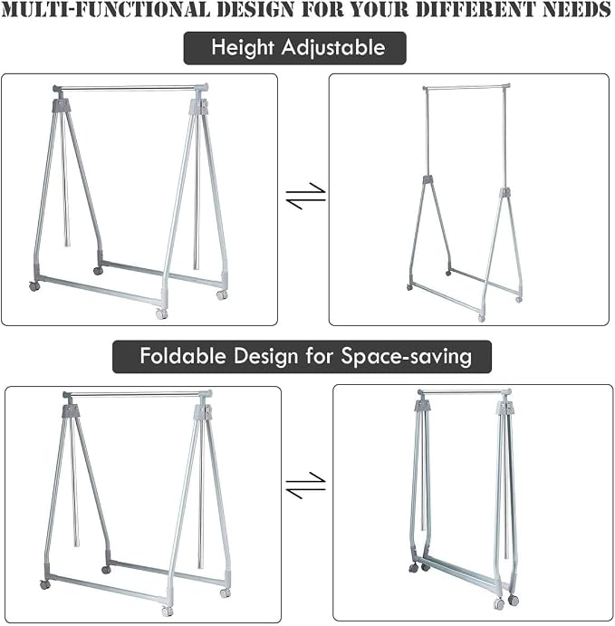 Moccha Extendable Garment Rack Clothes Rail, Heavy Duty Foldable Clothes Laundry Drying Rack with Adjustable Hanging Rod Rolling Casters, Movable Clothes Hanger for Home Office Store Market