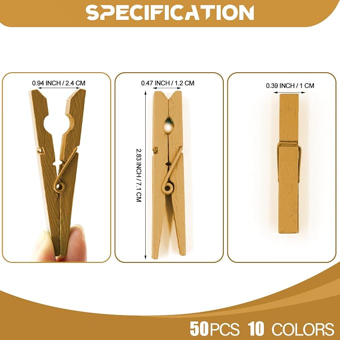 100 Pcs Gold Clothes pins - 2.9 Inch Wooden Clothespins Cheer Clips | Vibrant for Crafts Classroom Decorations Clothing Pictures Laundry Solid Wood No Splinters Fade‑Proof