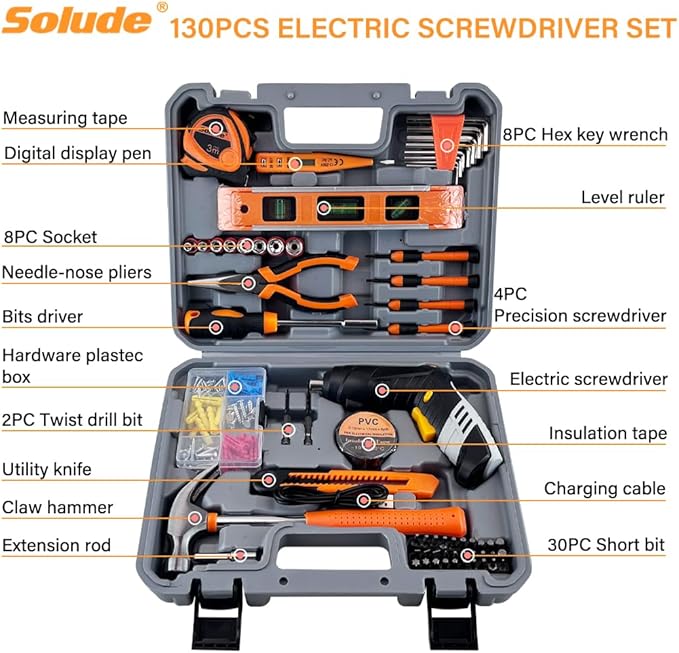 SOLUDE 130-Piece Home Tool Kit with 3.6V Cordless Rechargeable Screwdriver,Basic Household Tool Set for New Home,Apartment,College Dorm and DIY Projects(Grey)