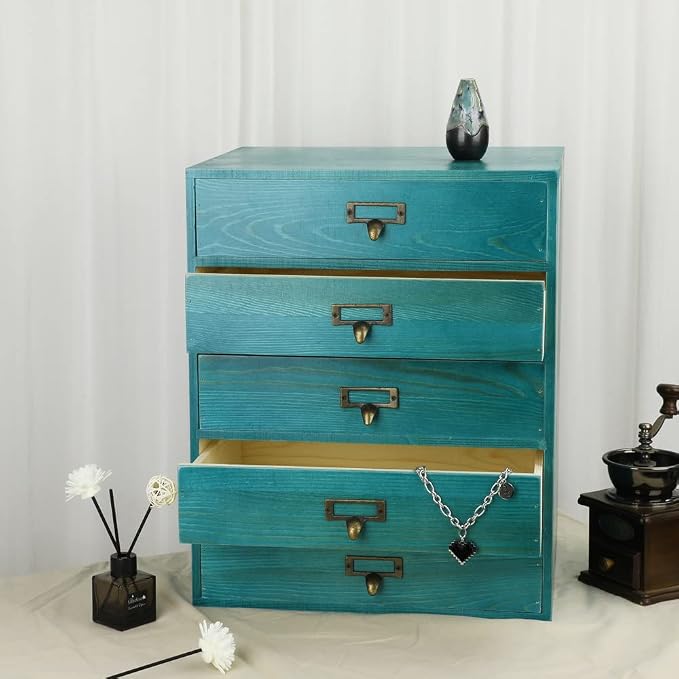 GoooodGIFT Wooden Drawers Large Wooden Box with Drawer, Blue | 5 Drawer Wood Storage Box , Vintage Desktop Organizer with Drawers, Desk Organizers for Library Card Catalog Cabinet