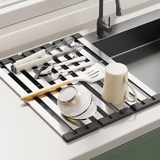 Roll Up Dish Drying Rack, Over Sink Stainless Steel Rack,Foldable Kitchen Sink Mat,Kitchen Sink Drain Rack Dish Storage Rack (19.69" H x 12.8" W)