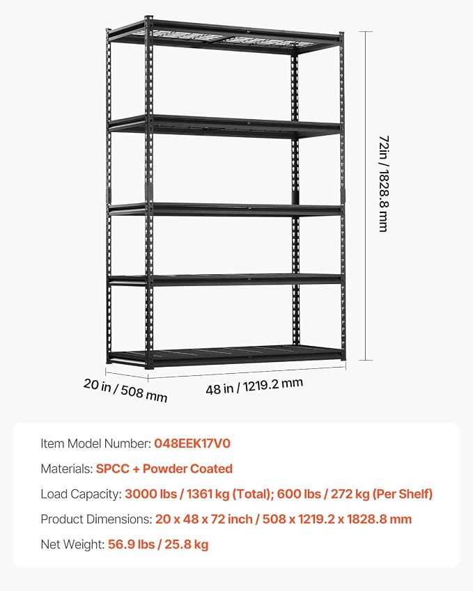 VEVOR Storage Shelves, 3000 lbs, 5 Tier Heavy Duty Garage Shelving, 20" D x 48" W x 72" H Adjustable Metal Shelves for Industrial Shelving Unit Utility Shelf, for Kitchen, Warehouse, Basement, Black