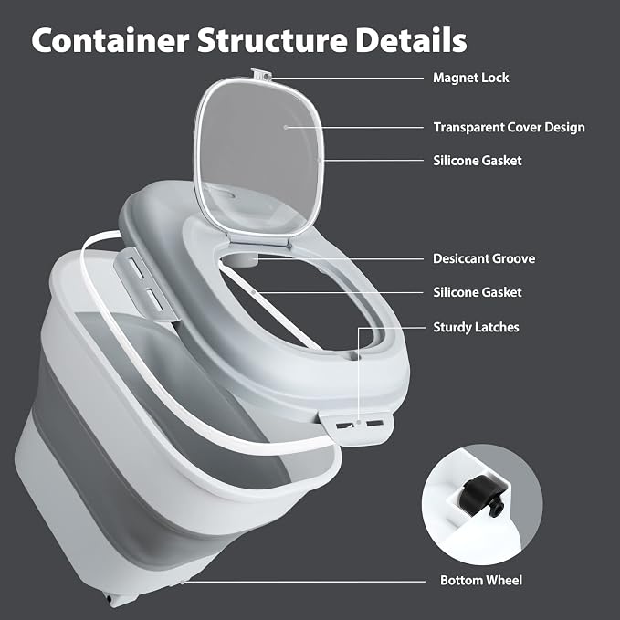 Viretec Cereal Rice Storage Containers, 20 to 50Lbs Collapsible Dry Food Dispenser Bins with Airtight Flip Lid Rolling Wheel, Kitchen Pantry to Store Sugar Flour, Dog Pet Cat Food Holder Container