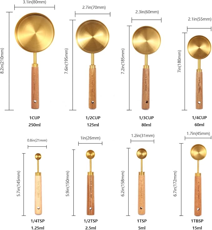 Gold Measuring Cups and Spoons Set with Fragrant Wood Handles, Premium Stainless Steel Measuring Spoons and Measuring Cups Set, For Cooking and Baking in the Kitchen (8 Piece) | Premium Stainless Steel, Dishwasher safe, Precision Measuring Cup Set for ...