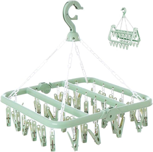 Laundry Drying Rack with 32 Clips, Foldable, Light Green