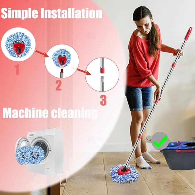 ANREKEYH Spin Mop Head, Base, Handle Replacement for O-ceda EasyWring RinseClean Microfiber Spin Mops, 2 Microfiber Mop Refills, 1 Triangle Head Cover and 30-58in Handle (Blue (2-Tank System))