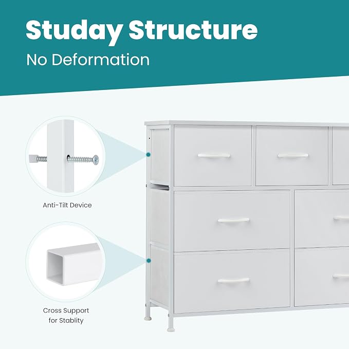 OLIXIS 7 Drawer Closet Organizer, Storage Tower with Sturdy Steel Frame | White Dresser for Bedroom, Wooden Top & Easy Pull Fabric Bins, Clothes Organization, Living Room Entryway