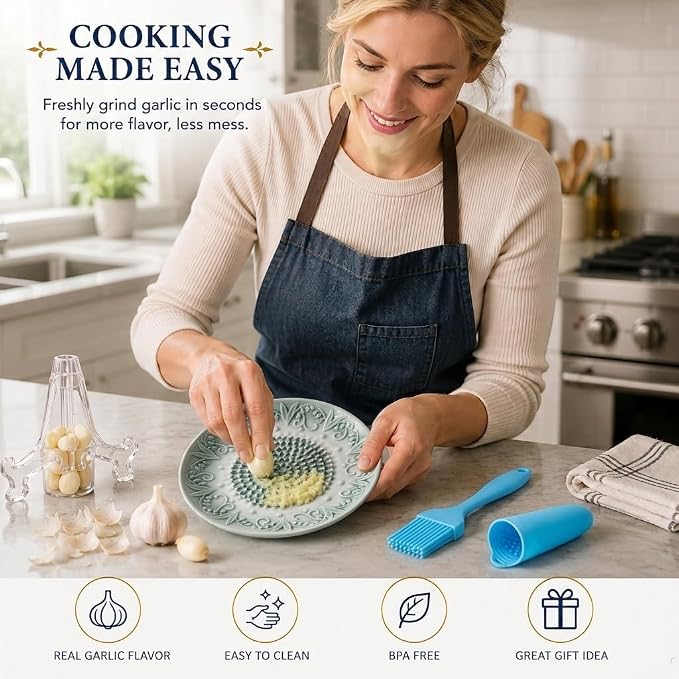 Ceramic Garlic Grater Plate Set with Rack & Cleaning Brush (Grey) | Textured ceramic surface grates garlic, ginger and tomatoes quickly; includes rack, brush and peeler for easy kitchen use
